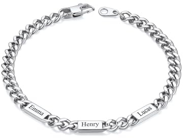 Custom4U Cuban Armband für Herren, Breite 5mm/7mm/9mm 1-6 Namen Graviert Edelstahl Silber/Gold/Schwarz Personalisiertes Armband Individuelle Kette Schmuck Geschenke für Männer Papa Ehemann Vater Junge