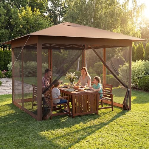 COSTWAY Pavillon 3,5x3,5m, Faltpavillon wasserdicht stabil Winterfest, Pop up Gartenpavillon höhenverstellbar mit Moskitonetz & Doppeldach & Sonnenschutz, Partyzelt mit Tragetasche für Garten Camping