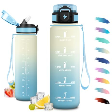 JAPORIA Trinkflasche mit Strohhalm 1L, Trinkflasche mit Zeitmarkierungen, Sportflasche Auslaufsicher, Wasserflasche Kohlensäure Geeignet, für Outdoor, Sport, Camping