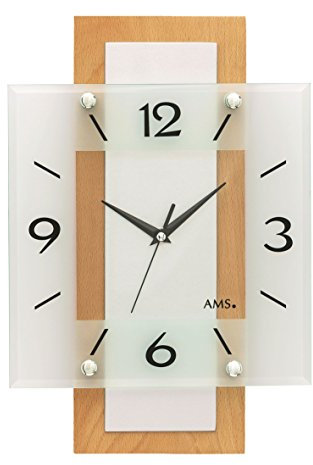 AMS 5507 Wanduhr Funk Funkwanduhr Analog Holz Buche Massiv Eckig mit Glas