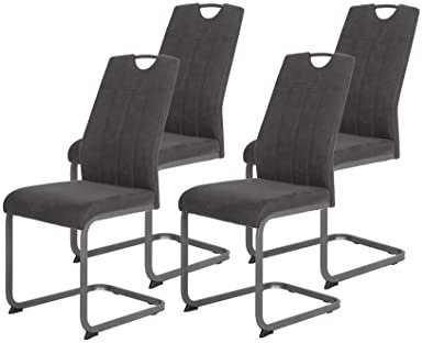 Hela Tische, 4er Set Esszimmerstuhl, Schwingstuhl CHRISTINA, Microfaser Vintage-Optik Anthrazit, Metallgestell Grau, Lehne mit Griff