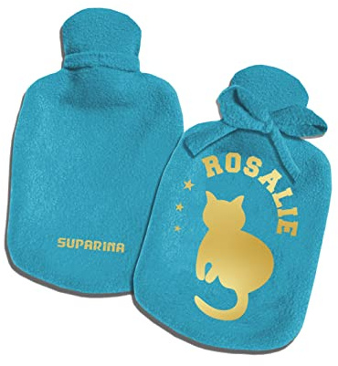 Personalisierter Wärmflaschen-Bezug für Jungen Mädchen mit Namen und Motiv Katze von SupaRina, unterschiedliche Farben und Motive, kalt oder warm befüllbar, Kuschel-Fleece 28x16 cm, auch mit Flasche