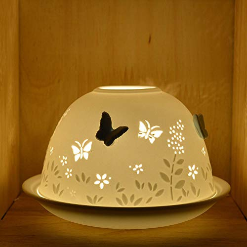 Nordic Light NOV8E Teelichthalter-Set, Lampenschirm und Teller, blauer Schmetterling, Wohnzimmer, Esstisch, Wohnkultur, Zubehör, Porzellan, Einheitsgröße, feinste unglasiert, weiß