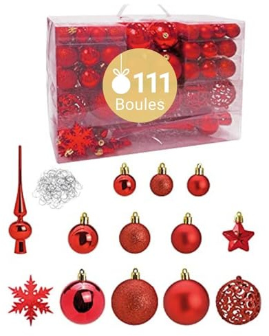 WOMA Christbaumkugeln Set Rot & 19 weiteren Farben - 111er Weihnachtskugeln Set inkl. Metallhaken - Weihnachtskugeln Kunststoff - Weihnachtsbaum Deko & Christbaumschmuck