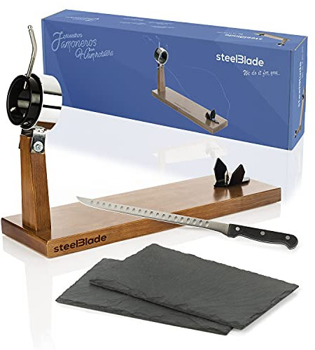 Steelblade 011115 deluxe Schinkenhalter 360° drehbar + Schinkenmesser 28 cm + 2 Teller aus Naturschiefer, 2 Positionen für Schinken und Paletten, Holz Stahl