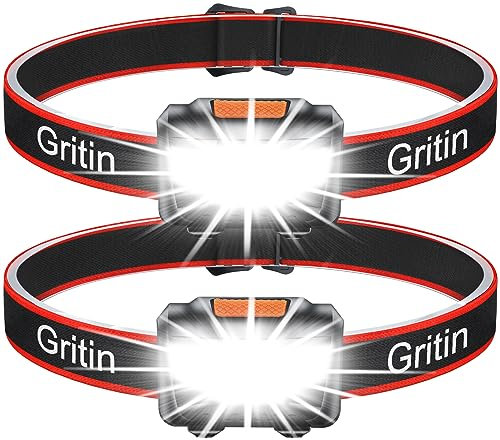 Gritin Stirnlampe LED, [2 Stück] LED Stirnlampe Kopflampe Superhell mit 3 Modi, IPX5 Wasserdichte Leichtgewichtige Mini Stirnlampe fürs Laufen, Campen, Joggen, Angeln