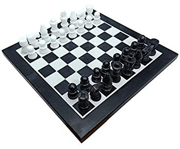 Generic 12 Schwarz-Weiß-Marmor-Schachspiel mit Samt-Aufbewahrungsbox | Mid-Century-Marmor-Schachspiel | Quad Weighted Taj Chess Store