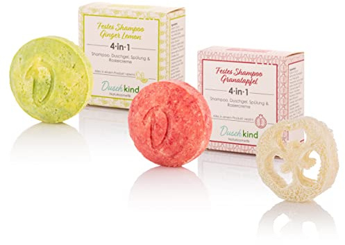 Duschkind Naturkosmetik festes Shampoo 2 Stück (Ginger Lemon & Granatapfel) im Set mit Luffa – verwendbar als Duschgel & Conditioner & Rasiercreme – vegane Formel – recycelbare Verpackung