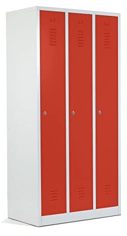 Schrank & Stuhl Spind – Metallspind mit 3 Abteilen in 180 x 90 x 50 cm, Schließfachschrank mit Hutboden & Drehriegelverschlüssen, Lieferung komplett montiert, Grau/Rot