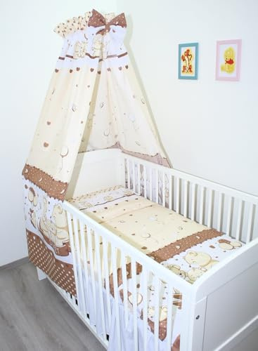 Primawela Baby Bettset Bettwäsche mit Himmel Vollstoff - Bärchen Braun - Bettausstattung Set (7 teilig)