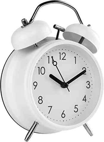 PILIFE Analog Alarm Clock, 4 inch Super Silent Non-Ticking Twin Bell Alarm Clock with Backlight,No Snooze,Battery Operated,Loud Bell for Heavy Sleepers,Home Decor,Pure White