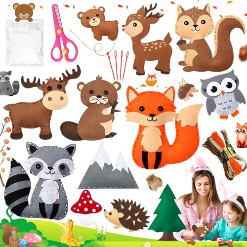 Liekadijiae 32 Piezas Juego de Costura para Niños, Kit de Costura de Fieltro Niños, Niños Juego de Manualidades Coser Kit, Costura Fieltro Animales, Kit de Costura Educativo para Principiantes