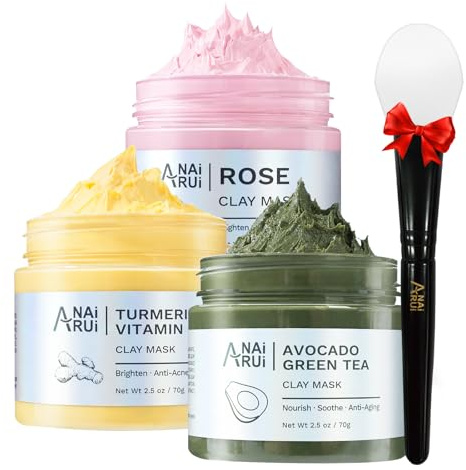 ANAI RUI 3 Pack Clay Mask Set Turmeric Vitamin C Clay Mask -Rose Facial Mask -Avocado Green Tea Mud Mask Smoothing, Hydration & Glow,Spa Gift Set, Self Care for Women Teens 2.5 oz Each