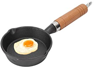 Natudeco Sartén de hierro fundido 3,5 cm de diámetro con 10cm mango de madera, Cacerola pequeña para calentar aceite Mini sartén para tortillas, mango largo