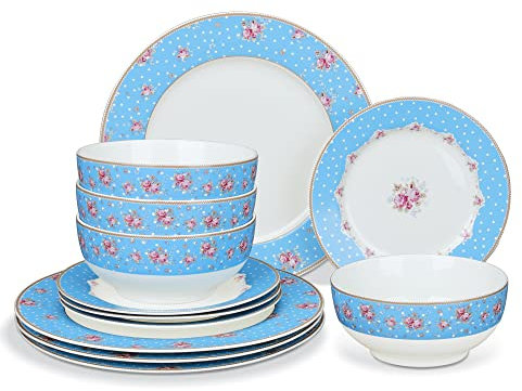fanquare 12-Teilig Weiß Porzellan Geschirrset mit Blau Streifen, Rosa Blumen Kombiservice, Tafelservice für 4 Personen