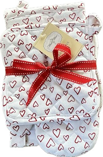 M&O Set Cucina 5 Pezzi Cestino Portapane Coppia Presine Guantone Strofinaccio 100% Cotone (Pois)