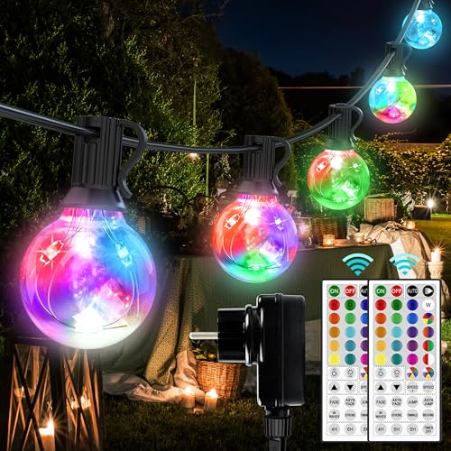 50 LED Lichterkette Außen Bunt, Lichterkette Außen Strom, 15M 24 Farben Wasserdicht IP65 G40 Glühbirnen Beleuchtung mit RGB Fernbedienung für Outdoor Weihnachten Garten Hof Hochzeit Party Balkon Deko