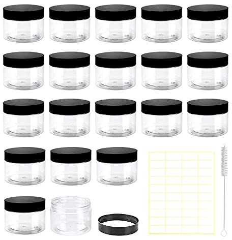 BiBiFly 120ml 20pcs Clear Plastic Round Jars with Black Lids, Leak-Proof Storage Jars Containers for DIY Crafts, Kitchen Use, Beauty Product and More