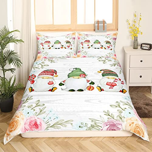 Spring Flower Gnomes Duvet Cover Romanic Rose Floral Cute Bedding Set Double Size For Kids Boys Girls Teens Bedroom Decor Xmas Decor Comforter Cover Lovely Christmas Dwarf Quilt Cover Colorful