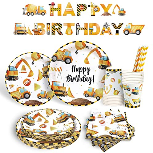 Bymivofun Bagger Geburtstag Geschirr Set, für 16 Gäste, Papier Engineering Fahrzeug Bauwagen Party Supplies, für Kinder Thema Geburtstag Party Dusche Dekoration