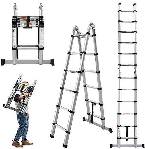3,8M Teleskopleiter Aluminium Klappleiter A-Rahman Mehrzweckleiter mit Stabilisatorstange 6+6 Stufen,Rutschfester Ausziehleiter Haushaltsleiter Gefaltete Größe 86,5cm, 150kg Tragfähigkeit