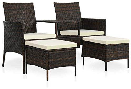 Homgoday 2-Sitzer-Gartensofa mit Teetisch und Hocker Gartenmöbel Gartenbank Sitzbank Sitzgruppe Gartenset Balkonset Garten Balkon Terrasse Poly Rattan Braun