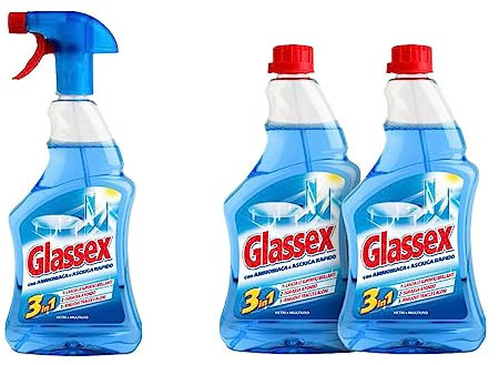 Kit Glassex, 1 Glassex Ammoniaca e Asciuga Rapido Vetri e Multiuso 500 ml, 2 Ricariche Glassex con Ammoniaca e Asciuga Rapido 500 ml