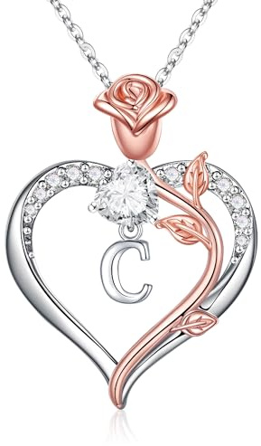TINGN Rosen Herz Buchstaben Halskette Damen, 14K Weißgold Vergoldet Herz Kette mit Buchstaben Geschenke für Mutter Frauen Freundin Mädchen, Geschenke für Geburtstag Hochzeit Weihnachten Valentinstag