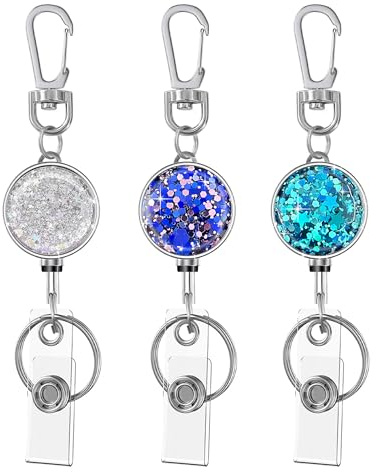 bolimoss 3 Pack Retractable Badge Reels with Key Ring and Carabiner Belt Clip, Glittery Metal Retractable Keychain for ID Cards Name Holder Nurse, Teacher, Students (Bling Blue, Silver, Purple)