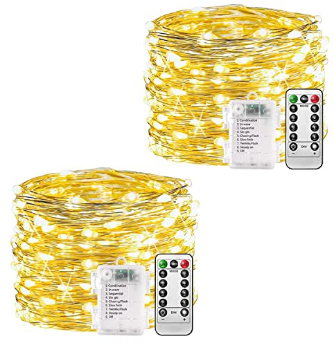 plainshe Batteria Per Luci Fatate - 2 set, 100 Luci Di Fata a LED Telecomando a 8 Modalità, Stringa Impermeabili a Batteria, Timer Lucine in Filo Di Rame Placcato in Argento