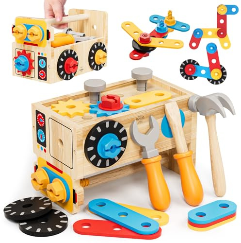 Lehoo Castle Wooden Kids Tool Set - Montessori Educational Toys for Kids Age 2+, Pretend Play Tool Box Bench Construction Toys, Learning Toy Gift for Toddler Boys Girls