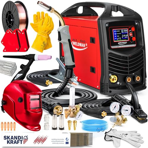 Weldman Smart MIG 235 LCD Dual Puls - Soldador Inverter Profesional con Gas y Sin Gas 200A - Sinergia Total - MMA y TIG DC - Regulación de Inductividad y Soldadura por Puntos - Set Professional