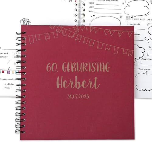 Feenstaub Gästebuch Geburtstag personalisiert, Geburtstagsgästebuch mit Fragen zum Ausfüllen, Ringbuch 25x25 cm Leineneinband mit Namen, Erinnerungsalbum für Gäste mit Vordruck
