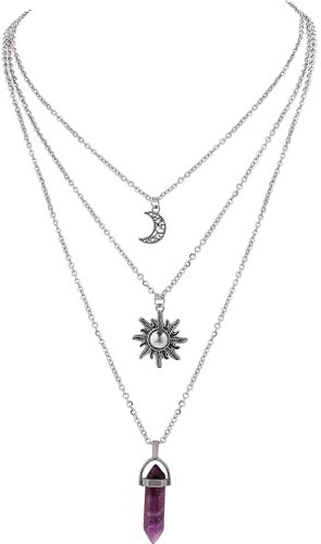 Hanary Gothic Layered Crystal Sun and Moon Necklace, Moon and Sun Pendant, Gothic Goth Emo Grunge Necklace, Goth Jewelry, Halloween Christmas Jewelry Gift For Women