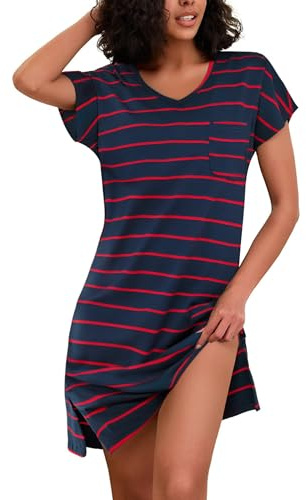 Jahetuul Chemise de Nuit Femme à Rayures Vêtements de Nuit T-Shirt à Manches Raglan Courtes Coton avec Design à Fentes