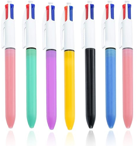 7 Pack 4-In-1 Retractable Biro Multicolour Ballpoint Pens - 4 Colour, Multicolour Pens With Multi Coloured Ink, All In One For School, Home, Office Supplies