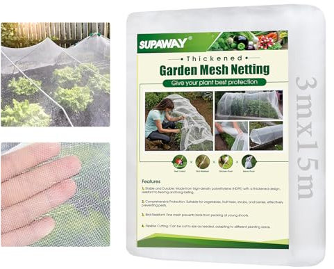 SUPAWAY Malla de Protección Vegetal 3x15m Red de Jardín, Red para Invernadero, Red Anti-Insectos para Jardín, Malla Fina Protectora para Plantas, Frutas y Verduras, Red contra Insectos y Pájaros