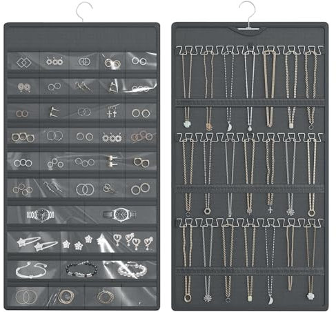 Bosuelife Schmuck-Organizer zum Aufhängen, doppelseitiger Halskettenhalter, 42 Taschen plus 36 Haken, Ohrring-Organizer zum Aufhängen im Schrank, an der Wand oder Türen, Dunkelgrau