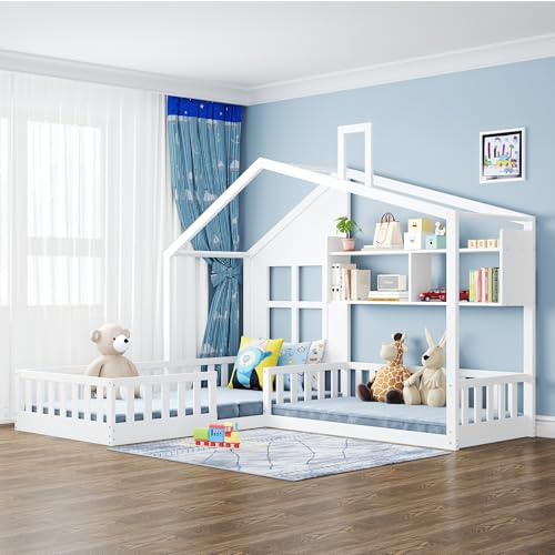 Zravenna Kinderbett Bodenbett 90x200 cm + 140x70 cm, Hausbett Kinder mit Fenster, Schornstein und Regalen, Massivholzbett mit Sicherheitsgitter und Lattenrost, Weiß