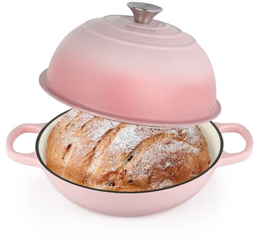 Enameled Cast Iron Bread Oven, Dutch Oven Pot with Lid, 10 Bread Dutch Oven for Sourdough Bread Baking, 6 Quarts Bread Pan with Dome Lid, Non-stick Cookware for Homemade Bread, Pink