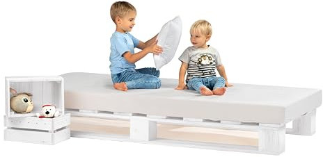 Lermowood Palettenbett M1 aus Holz 100 x 200 cm Weiß mit Lattenrost Holzbett 20cm Stabiles Seniorenbett Kinderbett Jugendbett Gästebett erhöhtes Einzelbett Bettgestell Futonbett Komforthöhe
