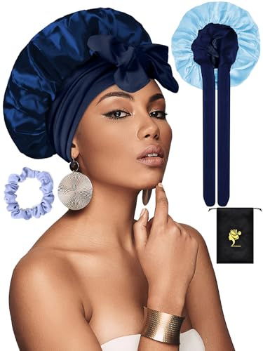 SUTIYO Satin Schlafhaube zum Schlafen, Doppelseitig Seidenhaube Zum Schlafen, Verstellbare Schlafmütze, Haarhaube für Locken, Silk Bonnet für Damen und Mädchen(Marineblau/Himmelblau)