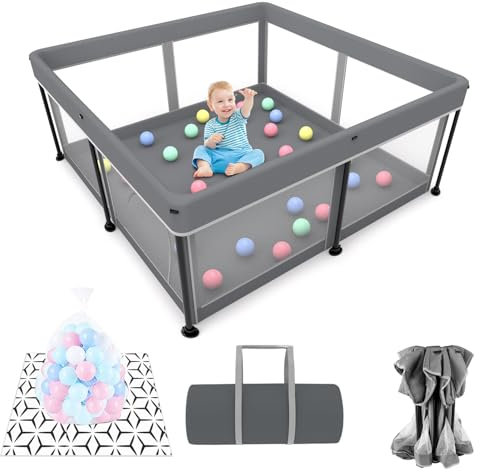 Laufstall Faltbar Baby Playpen with Mat - 127x127CM-Laufgitter, Schneller Aufbau, Sicher & Tragbar für drinnen & draußen (Grau)