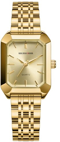 GOLDEN HOUR Montre Vintage Femme Or Rectangulaire Analogique à Quartz Dorée avec Bracelet en Acier Anoxydable Aendance Décontractée étanche Montres