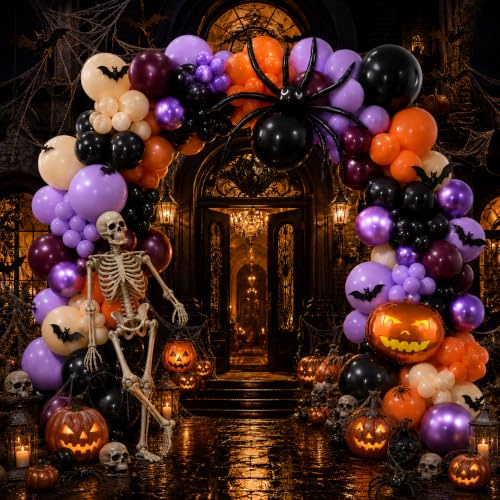 Froova Halloween Balloon Arch Kit, 128 Pcs Orange Purple Black Balloon Garland with Black Spider and Pumpkin Balloons for Halloween Baby Shower Spooky Birthday Party Decorations