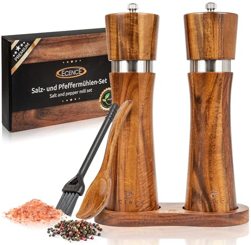 ECENCE Macina sale e pepe in legno - Set da 2 Macinaspezie in legno di acacia con macina in ceramica, incluso pennello per la pulizia e sottopiatto