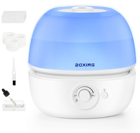 BOXING 3L Top Fill Humidifiers for Bedroom Baby, 20dB Quiet Air Humidifier for Large Room & Indoor Plants with Optional Night Light, Cool Mist Diffuser for Home, Essential Oil Tray, BPA-Free,White,30H
