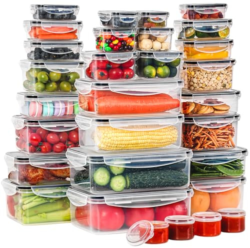 SIKITUT Contenedores de Alimentos, 60 Piezas Recipientes Herméticos, Recipientes de plástico para comida, Fiambreras, Sin BPA, Apta para Lavavajillas, Congelador, Transparente