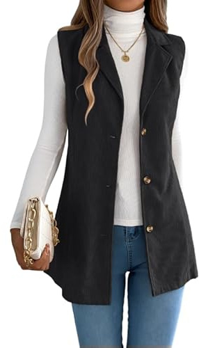 LCDIUDIU Chaleco Largo Sin Mangas De Pana para Mujer, Chaqueta De Traje Cruzada Con Solapa Negra, Otoño Invierno, Informal, Elegante, Ajustado, Prendas De Vestir, Blazer Vintage, Chaleco Negro L
