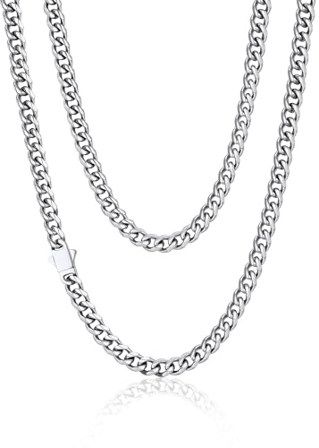 PROSTEEL Men Cuban Chain Necklace with Sturdy Clasp 6mm Width 18 Inch Length Chunky Necklace Silver 316L Stainless Steel Hip Hop Jewellery (Send Box)